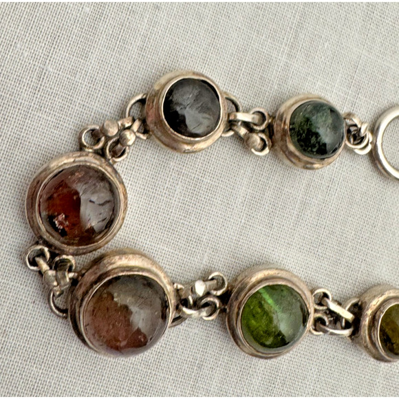 Sterling Silver Link Toggle Bracelet Multi Color 7 Stones Graduated Cabochons - Picture 7 of 8